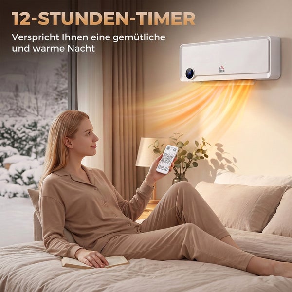 Eine Frau im Schlafzimmer bedient mit einer Fernbedienung einen an der Wand montierten Heizlüfter mit zwölf Stunden Timer bei winterlichem Ausblick.