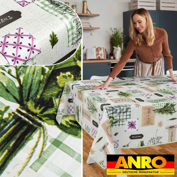 Tischdecke mit Kräutermuster und ANRO Deutsche Manufaktur Logo in einer Küchenszenen