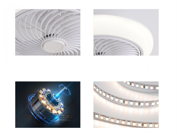 Detailansichten eines Deckenventilators mit Beleuchtung, darunter die Ventilatorflügel, die LED-Beleuchtung, der Motor und ein LED-Streifen