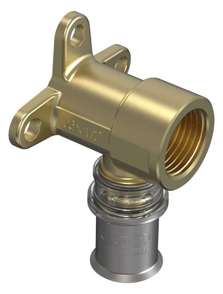 Wandwinkel aus Messing mit Pressanschluss für Mehrschichtverbundrohre und Innengewinde zur Wandmontage.