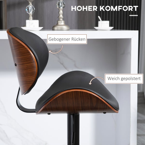 HOMCOM 2er-Set Barhocker, Höhenverstellbarer Küchenhocker, Tresenstuhl aus Kunstleder, Drehstuhl mit Fußstützen, Barstuhl für Küche, Esszimmer, Schwarz, Stahl, 53 x 52 x 92-112 cm