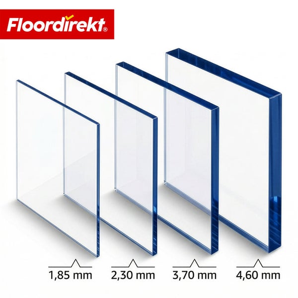 Floordirekt Logo. Transparente Bodenschutzmatten in Stärken von 1,85 Millimeter, 2,30 Millimeter, 3,70 Millimeter und 4,60 Millimeter.