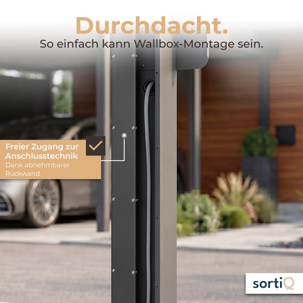 Wallbox-Montagesäule mit abnehmbarer Rückwand für freien Zugang zur Anschlusstechnik. sortiQ Logo.