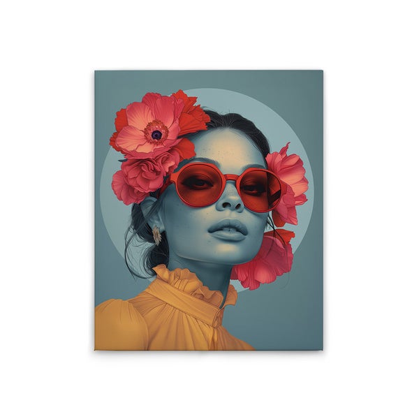 Leinwanddruck mit dem Porträt einer Frau mit Sonnenbrille und Blumen