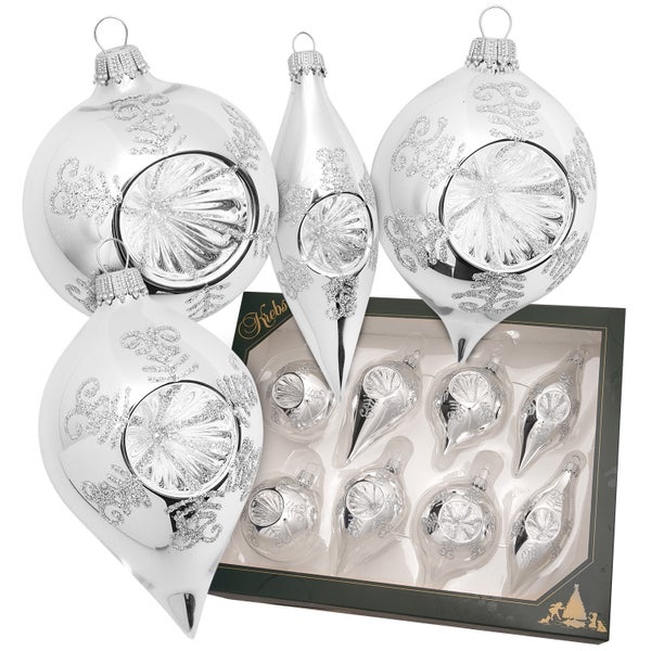 Weihnachtskugeln mit floralen Dekorationen und Tropfenform im Set