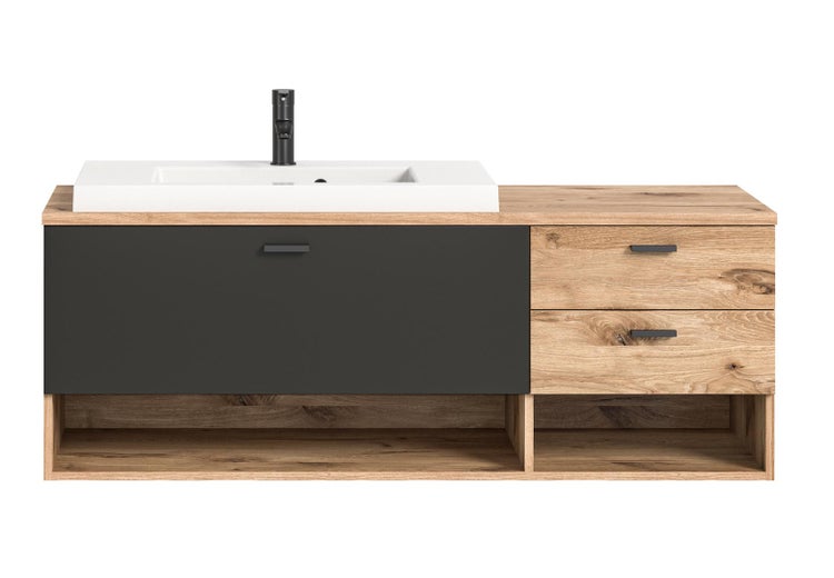 Grado Waschbeckenunterschrank 140cm 3 Schubladen, 2 Ablagen Eiche dekor,matt grau. 140 X 48 X 50 cm