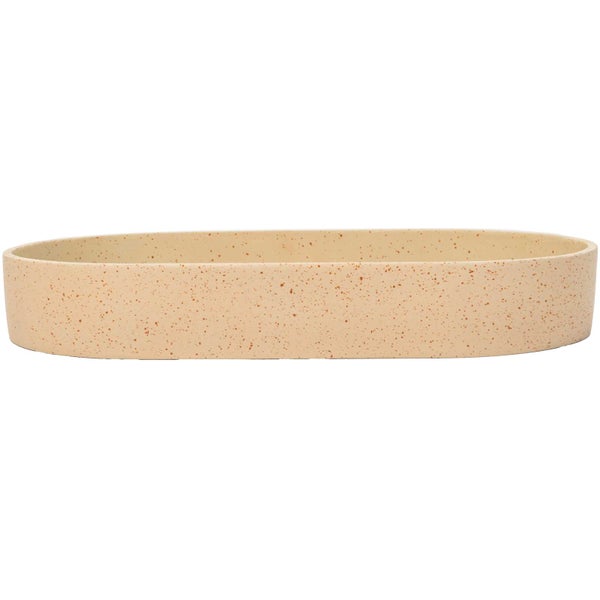 Ovale, flache Pflanzschale aus Stein mit gesprenkeltem Dekor.