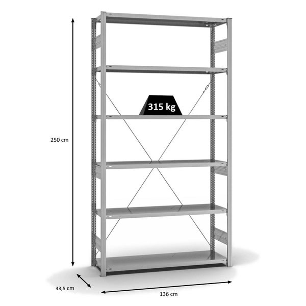 PROREGAL Fachbodenregal Stecksystem T-Profil Heavy-Duty Grundregal HxBxT 250 x 130 x 40 cm 6 Ebenen Fachlast 315 kg Einseitig Nutzbar Verzinkt