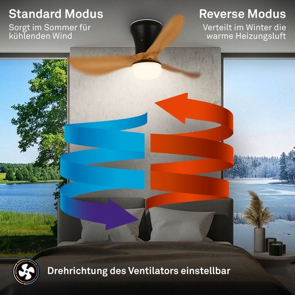 Deckenventilator mit Licht und Holzflügeln zeigt Luftstrom für Sommer- und Wintermodus. Drehrichtung ist einstellbar.