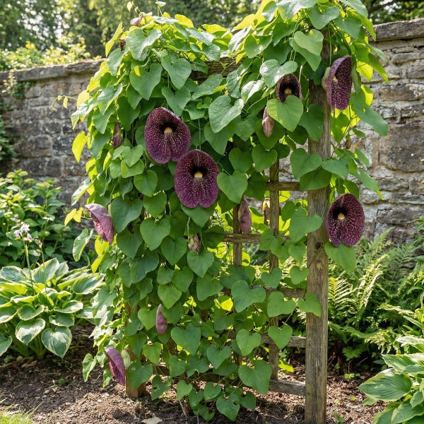 Aristolochia littoralis Kletterpflanze an Holzspalier vor Steinmauer mit herzförmigen Blättern und großen violetten Blüten.