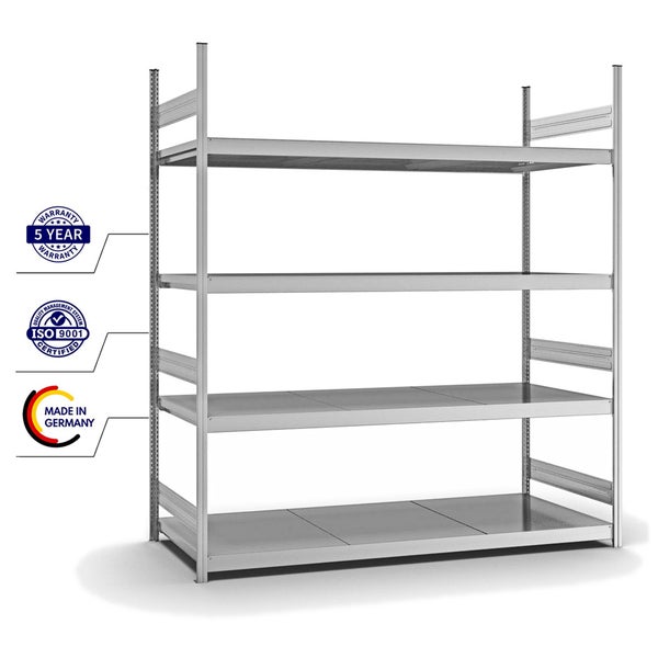 PROREGAL Weitspannregal Stecksystem T-Profil Grundregal HxBxT 250x225x80 cm 4 Ebenen Stahlplatten Fachboden Fachlast 350 kg Verzinkt