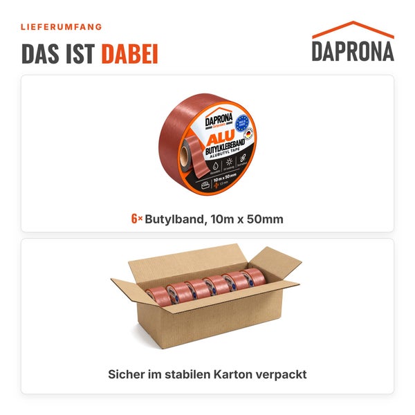 Daprona Logo, sechs Rollen Butylband, 10 Meter mal 50 Millimeter, in einem stabilen Karton verpackt.