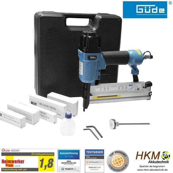 Güde Druckluft-Klammergerät und Nagler Set im Koffer mit Klammern, Nägeln und Zubehör. Güde Logo, HKM Akkutechnik Logo und Auszeichnungen.