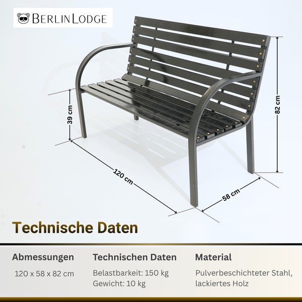 BerlinLodge Logo. Gartenbank für zwei Personen mit stabiler Rückenlehne, 150 Kilogramm Belastbarkeit und einfacher Montage.