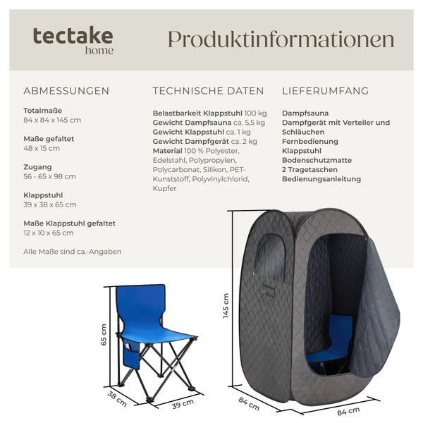 Produktinformationen Dampfsauna mit Klappstuhl und den Maßangaben.
