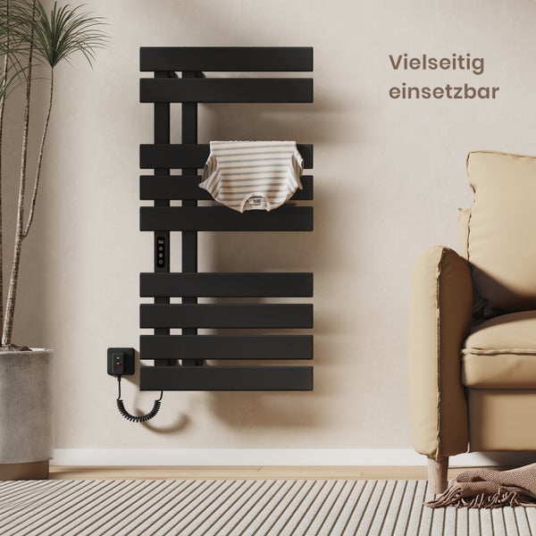 EMKE Elektrischer Badheizkörper 100x50 cm, Design-Handtuchheizkörper mit LCD-Display, Thermostat, Timer, Temperaturregelung, WiFi & App-Steuerung, 600W, Flachheizkörper für Bad, Schwarz, Linksanschluss