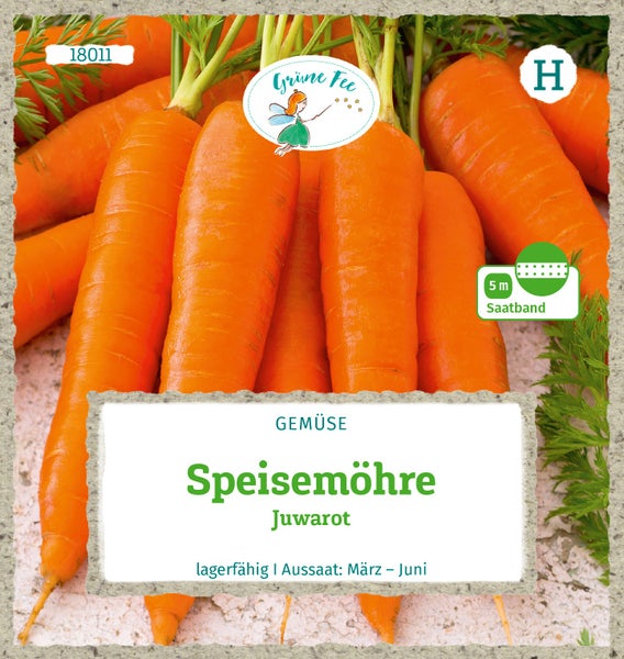 Speisemöhre Juwarot, Grüne Fee Logo, 5 Meter Saatband, lagerfähig, Aussaat von März bis Juni.