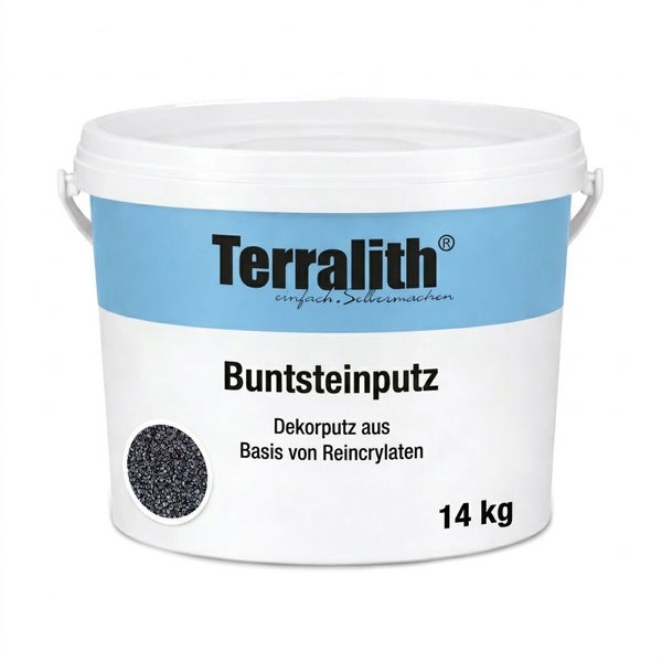 14 Kilogramm Eimer Terralith Buntsteinputz, Dekorputz auf Basis von Reinacrylaten mit einer dunkelgrauen Steinstruktur.
