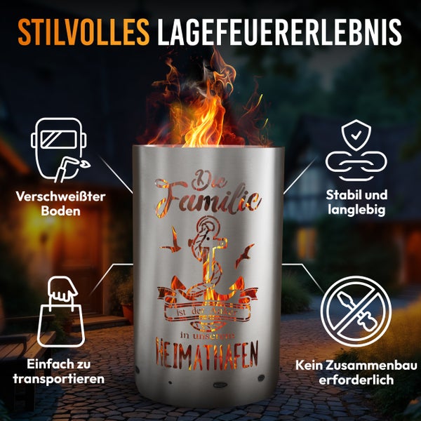 Feuerstelle aus Metall mit Motiven, die eine Familie darstellen