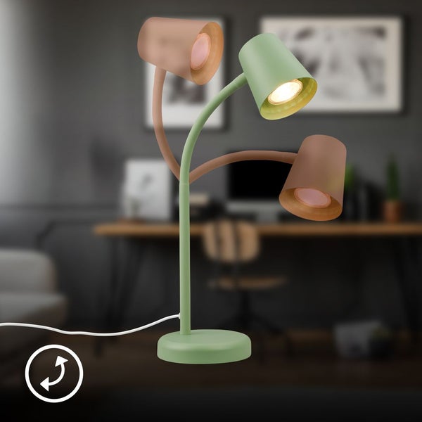 Grüne LED-Schreibtischlampe mit flexiblem Schwanenhals in einem organisierten, modernen Arbeitszimmer, verstellbare Lichtausrichtung.