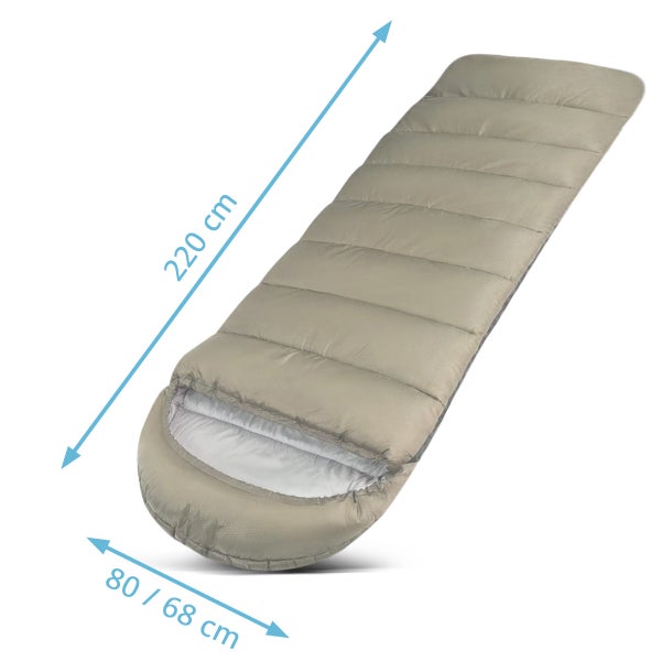 Schlafsack mit den Maßen 220 cm Länge und 80 bis 68 cm Breite.
