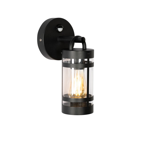 Schwarze Außenwandleuchte mit Bewegungsmelder, zylindrische Form aus Metall und Glas mit sichtbarem Filament-Leuchtmittel.