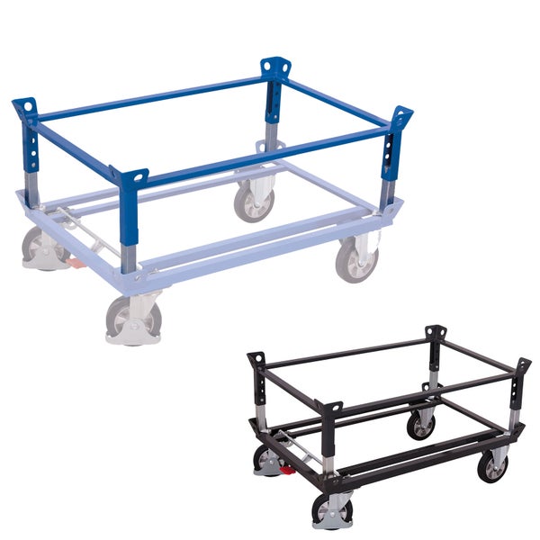 Palettenfahrgestell mit Aufsatzrahmen aus Metall und vier Lenkrollen für den Transport von Paletten.