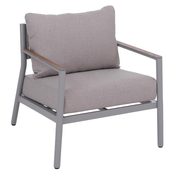 Garten-Lounge-Sessel mit Aluminiumgestell, dicken Sitz- und Rückenkissen sowie Armlehnen mit Holzeinlage.