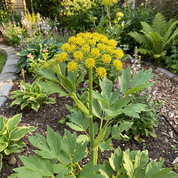 Blühende Liebstöckel-Pflanze im Garten mit großen gelben Doldenblüten und grünen Blättern.