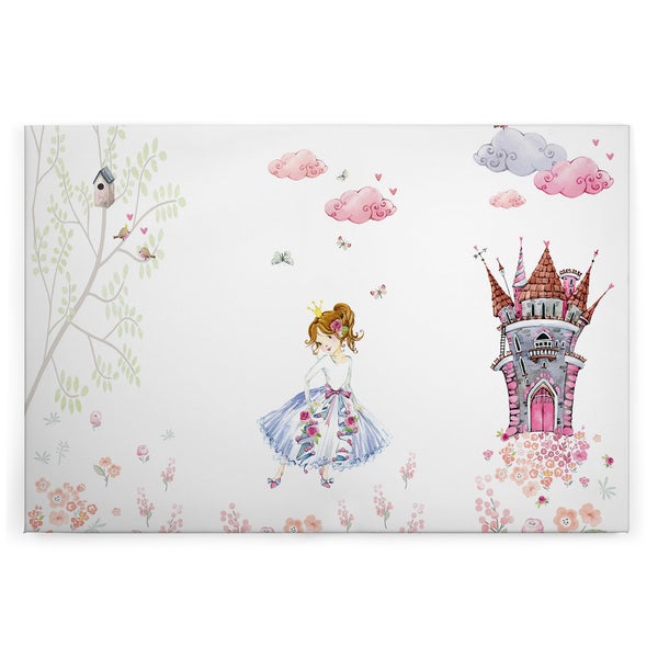Wandbild für Kinderzimmer mit Illustration einer Prinzessin einem Schloss Bäumen und Blumen im Aquarell Stil
