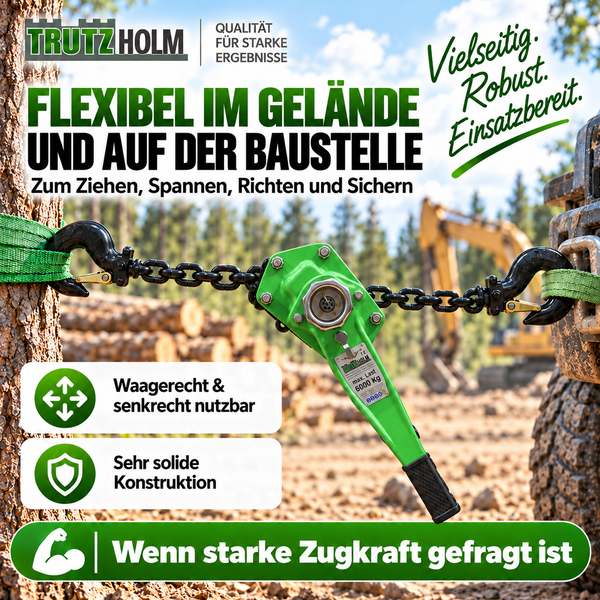 Trutz Holm Kettenzug mit 6000 Kilogramm Traglast zum Ziehen und Spannen im Einsatz auf einer Baustelle mit Haken und robuster Hebelkonstruktion