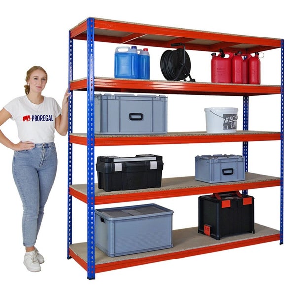 PROREGAL Profi Schwerlastregal Bison HxBxT 200 x 200 x 60 cm 5 Spanplatten-Ebenen 16mm Fachlast 600 kg Blau-Orange