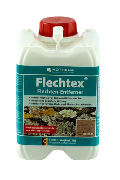 Hotrega Flechtex Flechtenentferner im zwei Liter Kanister zur Reinigung von Stein- und Fassadenoberflächen.