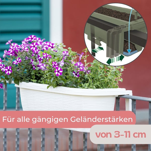 Balkonkasten mit Blumen und Bewässerungssystem für Geländerstärken von 3 bis 11 Zentimetern