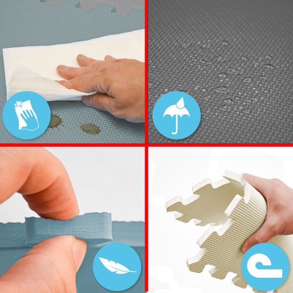 Eigenschaften der Schaumstoff-Puzzlematte: pflegeleicht, wasserabweisend, weich und flexibel.