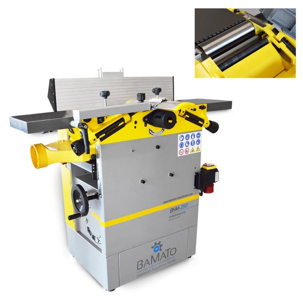 BAMATO Hobelmaschine BHM-250 mit Absaugstutzen und Sicherheitssymbolen