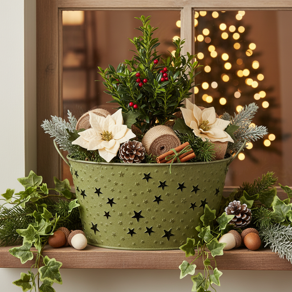 Weihnachtliches Pflanzgefäß mit Sternenmuster und winterlicher Dekoration aus Pflanzen und Zapfen auf einem Fensterbrett.