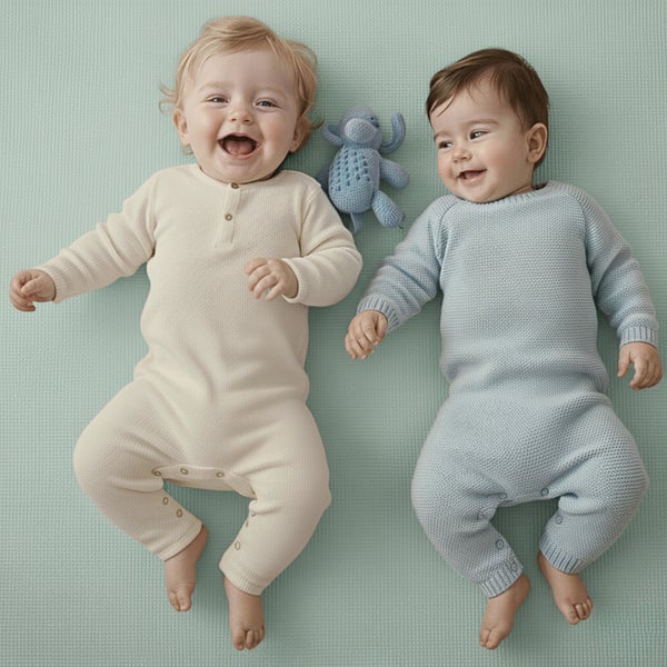 Zwei Babys liegen auf einer weichen, strukturierten Bodenmatte für das Kinderzimmer.