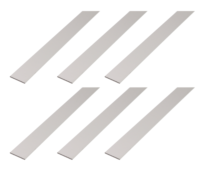 Sechs flache Metallleisten als Flachstangen für Handwerk und Bauprojekte