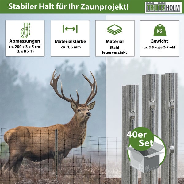 Trutzholm Set aus 40 feuerverzinkten Stahl Z-Profil Zaunpfählen mit den Maßen 200 mal 3 mal 5 Zentimeter für Wildzäune.
