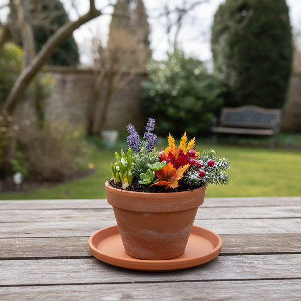 Kleiner Terrakotta-Blumentopf mit herbstlichem Gesteck aus Lavendel, Schneeglöckchen, bunten Blättern und Tannenzweig auf einem Holztisch im Garten.