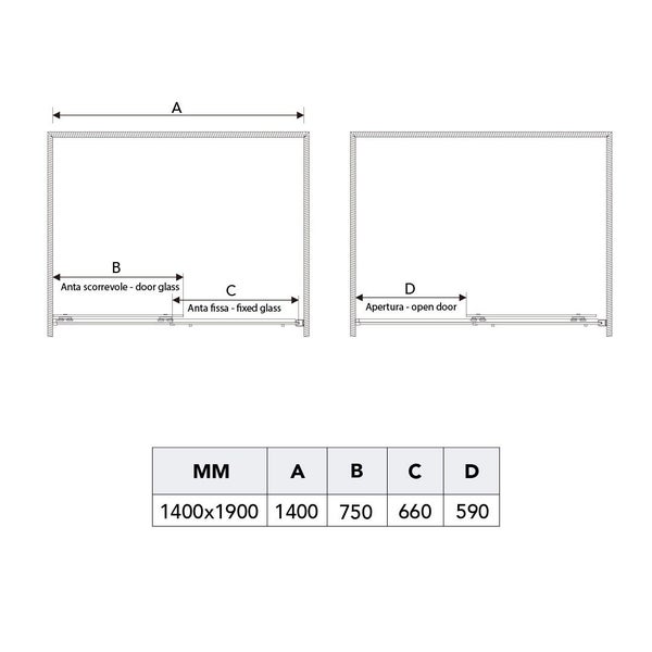 Technische Zeichnung einer Duschkabine mit Maßangaben