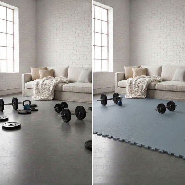 Vergleich eines Wohnzimmers mit Hanteln auf nacktem Boden und auf einer Puzzlematte als Bodenschutz vor einem Sofa und einer Ziegelwand.