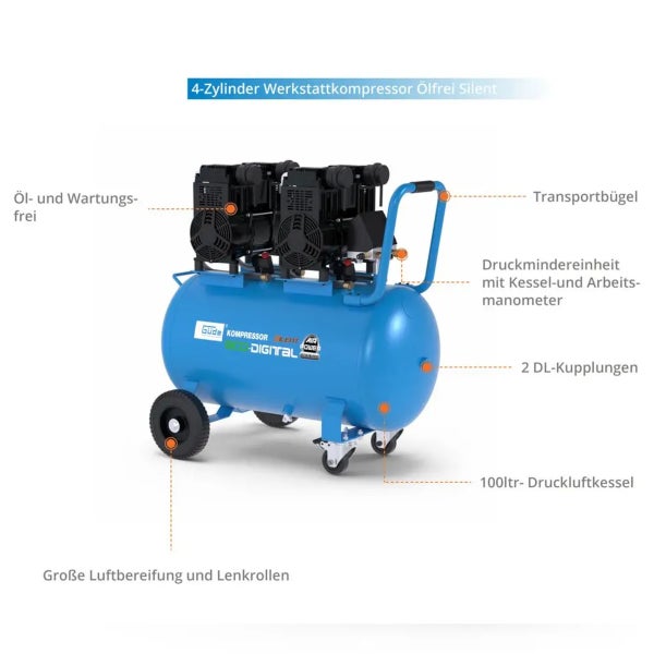 Blauer Werkstattkompressor mit vier Zylindern, ölfrei und leise, mit Transportbügel und Luftbereifung.