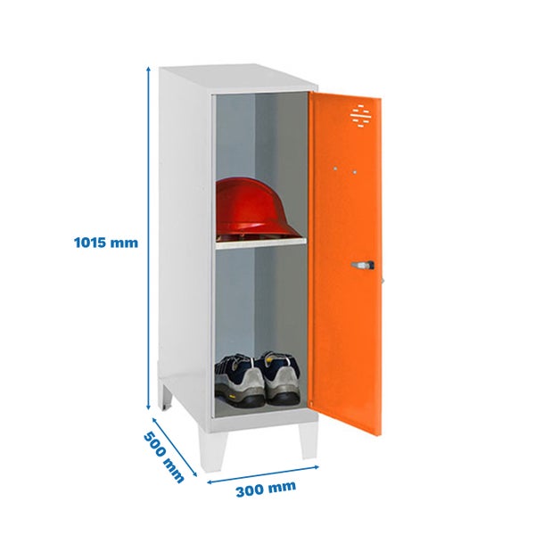 Metall-Garderobenschrank mit einer Tür, einer Ablage und Füßen. Abmessungen: 1015 x 500 x 300 Millimeter.