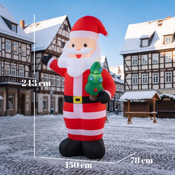 Aufblasbarer Weihnachtsmann mit Weihnachtsbaum, Hohe 243 Zentimeter, Breite 150 Zentimeter, Tiefe 78 Zentimeter fur die Weihnachtsdekoration.
