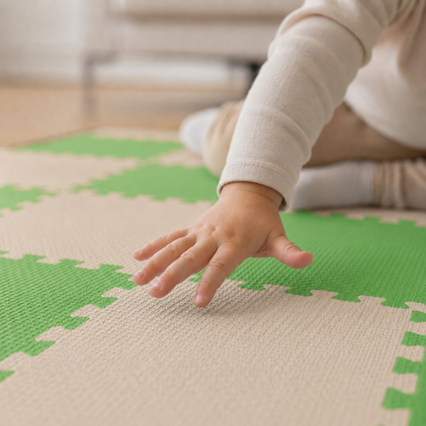 Kind spielt auf einer weichen Schaumstoff Spielmatte mit ineinandergreifenden Puzzleteilen als Schutzbodenbelag