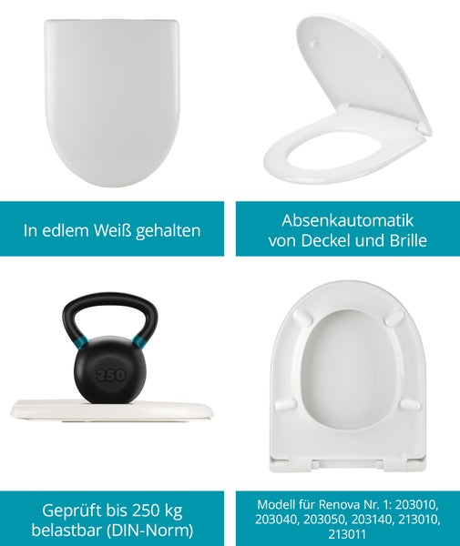 Toilettensitz für Keramag Renova Nummer 1 mit Absenkautomatik, belastbar bis 250 Kilogramm gemäß DIN Norm