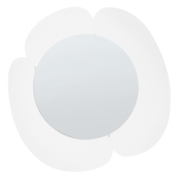 Runder Wandspiegel mit weißem Rahmen in Form von Blütenblättern.