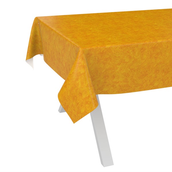 Orangefarbene marmorierte Tischdecke aus Wachstuch auf einem Tisch.